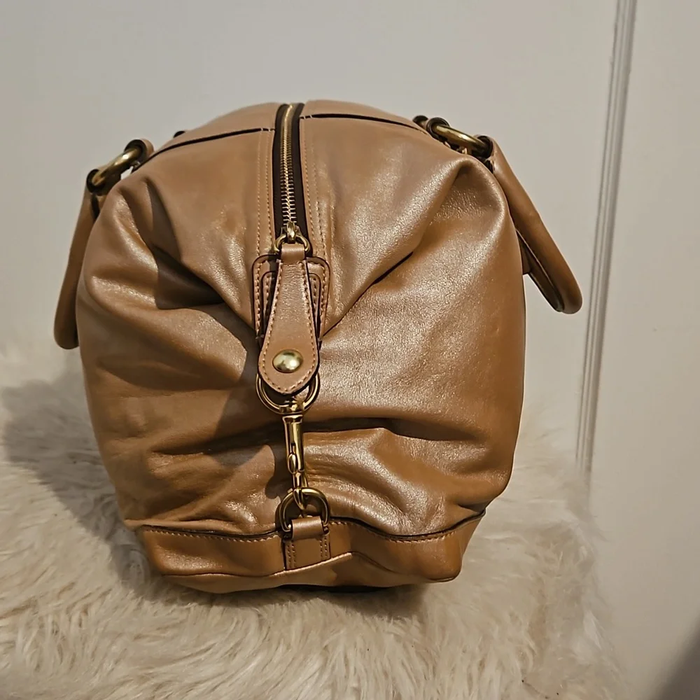 Coach Ashley Shimmery Tan Or Metallic Gold Bronze Leather Script Satchel F15447 - Picture 8 of 12